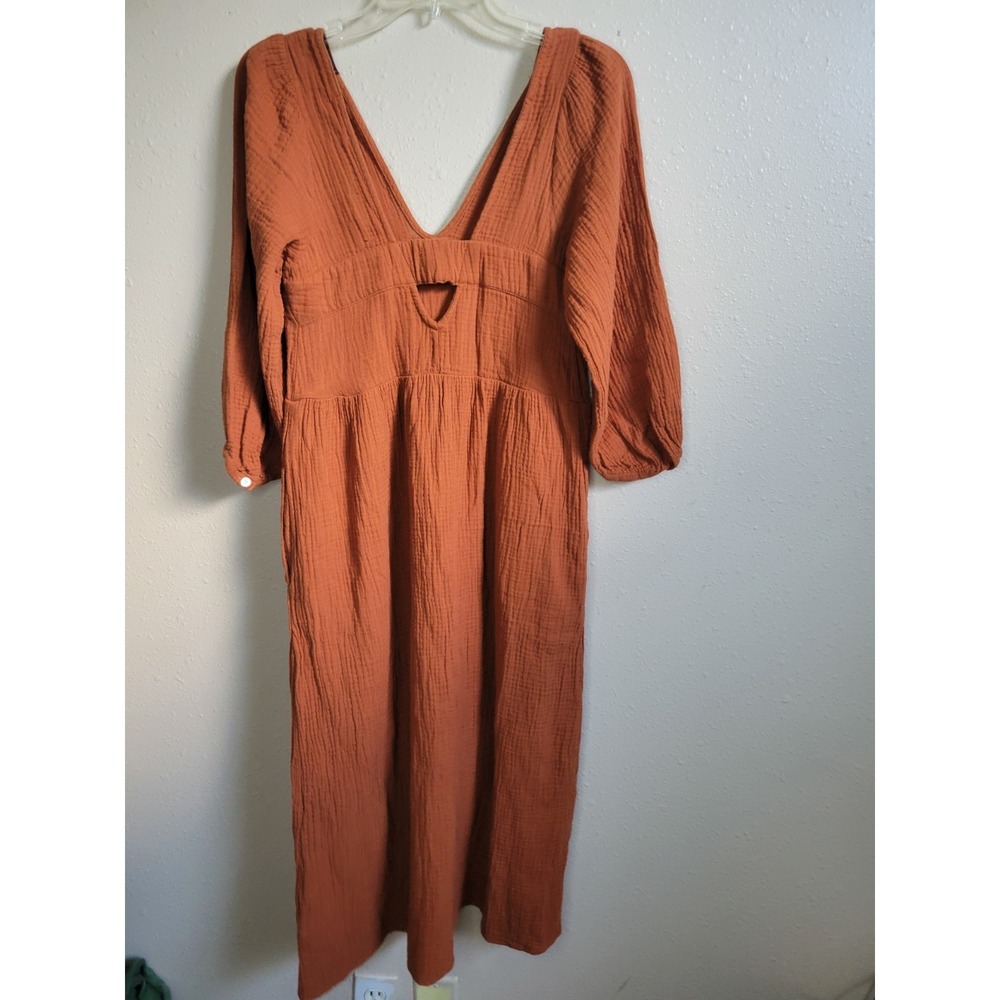 Madewell Double Gauze Midi Dress Cotton Pockets V Neck Burnt Orange Minimalist - Picture 2 of 10